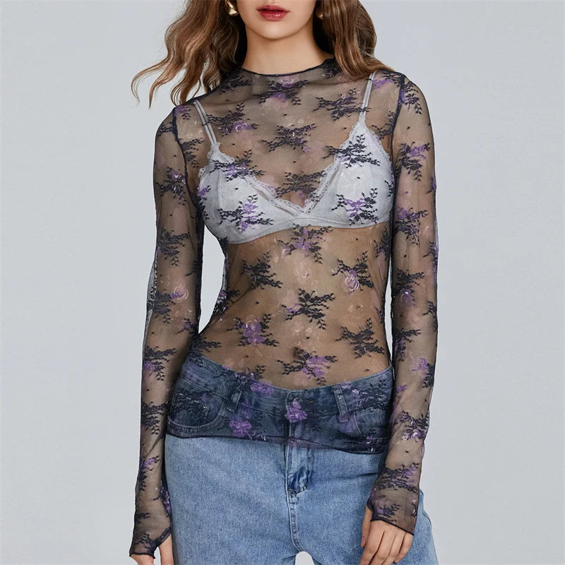 Pydshop Chic Sheer Tops for Women Long Sleeve Mock Neck Lace Mesh Top Sexy See Through Floral Tee Shirt Layering Blouse Y2k Streetwear