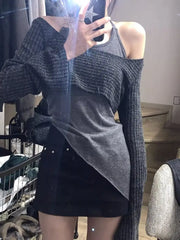Pydshop Sweet Gray Off Shoulder Sweaters Mujer Y2k Long Sleeve Tops Womn+ Irregular Slim Fit Halter Vest Spring Autumn Two Piece Sets