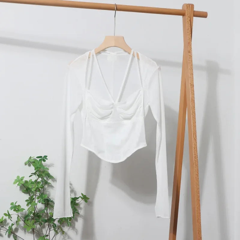 Pydshop Women Square Neck Tie Halter Mesh See Through Long Sleeve T-shirt Sexy Lce Up Slim Fit Short Slit Cuff Top PartyClub Streetwear