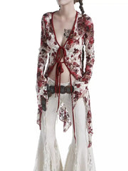 Pydshop Vintage Gothic Flower Tie Dye Lace Shirts Women Y2k Sexy V-neck Slim Fit  Up Blouses 2024  New Long Sleeve Cardigan Tops