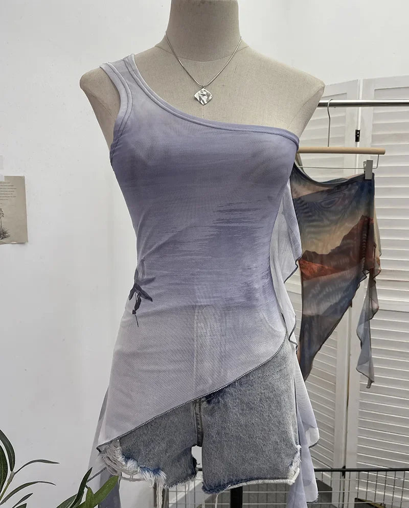 Pydshop Ladies Off-shoulder Camisole Slim Fit Vest Hot Girl Sexy Tie-Dye Mesh Irregular Ribbon Tank Top Ruffled Party Leisure Essential