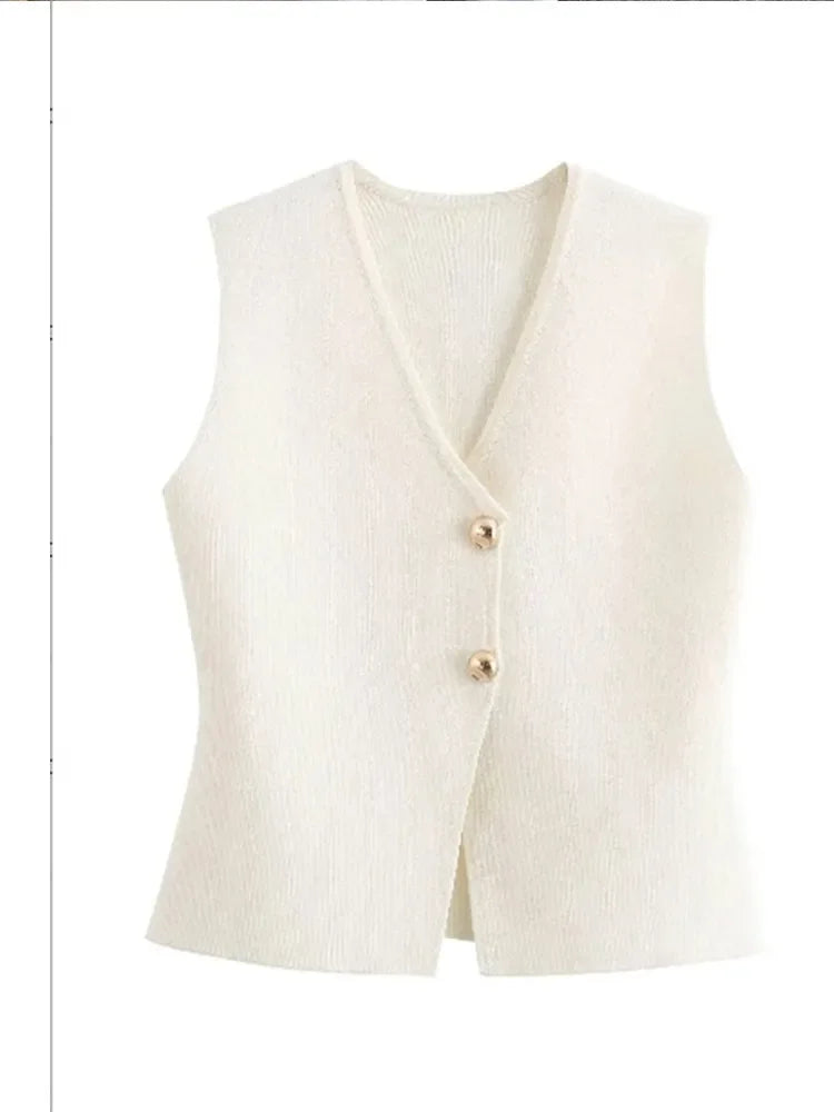 Pydshop Gold Buttons Knitted Tank Top For Women Fashion Solid Sleeveless Slim Fit Knitting Vest Cardigan Autumn New High Street Knitwear
