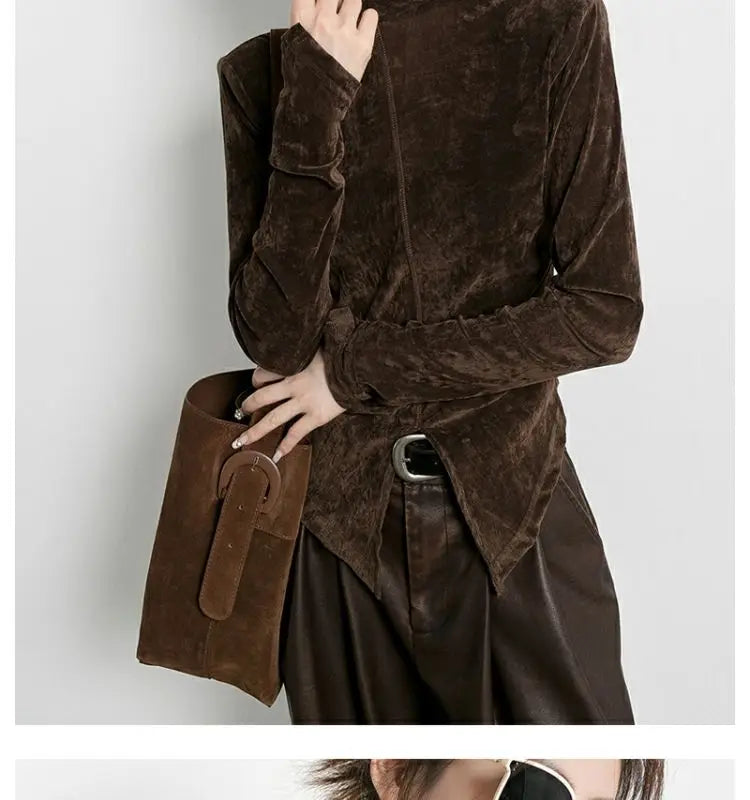 Pydshop Front Side-slit Solid Color Soft Long Sleeve Top