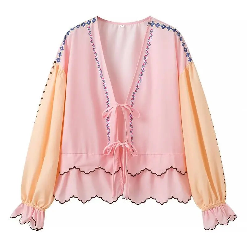 Pydshop Contrast Puff Sleeve V-Neck Lacing Up Bow Wave Line Hem Top