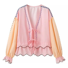 Pydshop Contrast Puff Sleeve V-Neck Lacing Up Bow Wave Line Hem Top