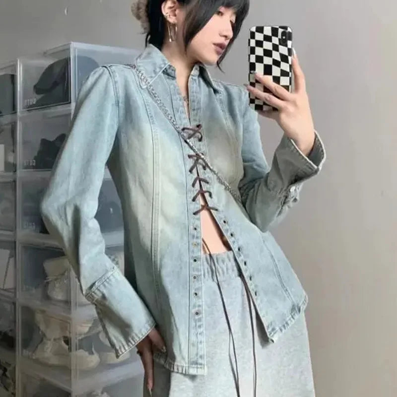 Pydshop Vintage Women Denim Shirts Loose Long Sleeve Casual Bandage Long Shirts Korean Turn Down Collar Streetwear Female Jean Top