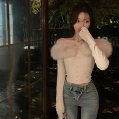 Pydshop Sexy Off Shoulder Long Sleeve Tops Mujer Y2k Slim Fit Knitted T-shirt for Women 2024 Early Autumn New Detachable Tee Shirt