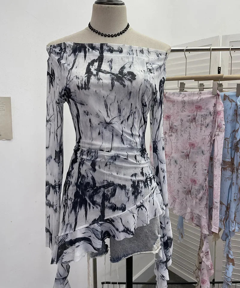 Pydshop Women Retro Ink Print Tie Dye See Through Mesh Long Sleeve Top Sexy One Shoulder Irregular Ruffled Top Y2k PartyClub StreetWear