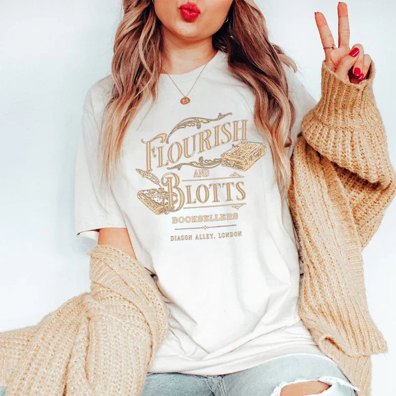 Pydshop Flourish And Blotts Tshirt 100% Cotton Washed Distressed Top Dark College T Shirt Subtle Bookish Merch Y2K Top