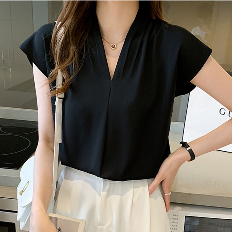 2023 Pydshop Blouse Women White Black Shirts Korean Woman Clothes Short Sleeve Top Chiffon Shirt V-Neck Office Lady Blusas Mujer