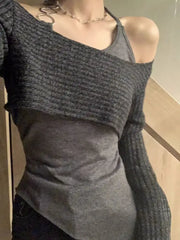 Pydshop Sweet Gray Off Shoulder Sweaters Mujer Y2k Long Sleeve Tops Womn+ Irregular Slim Fit Halter Vest Spring Autumn Two Piece Sets