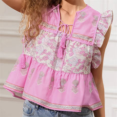 Pydshop Women y2k Vintage Ruffles Sleeve Shirts Floral Print/Stripe Tassel Tie-Up Fashion Blouses Summer Casual Tops