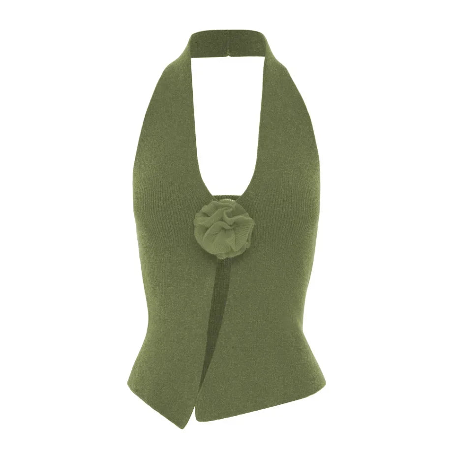 Pydshop Halter Neck Sleeveless 3D Flower Solid Crop Top