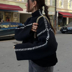 Pydshop Contrast Patchwork Topstitch Sweater Female Pullovers 2024 Autumn Round Collar Warm Knitted Top Chic Long Sleeve Loose
