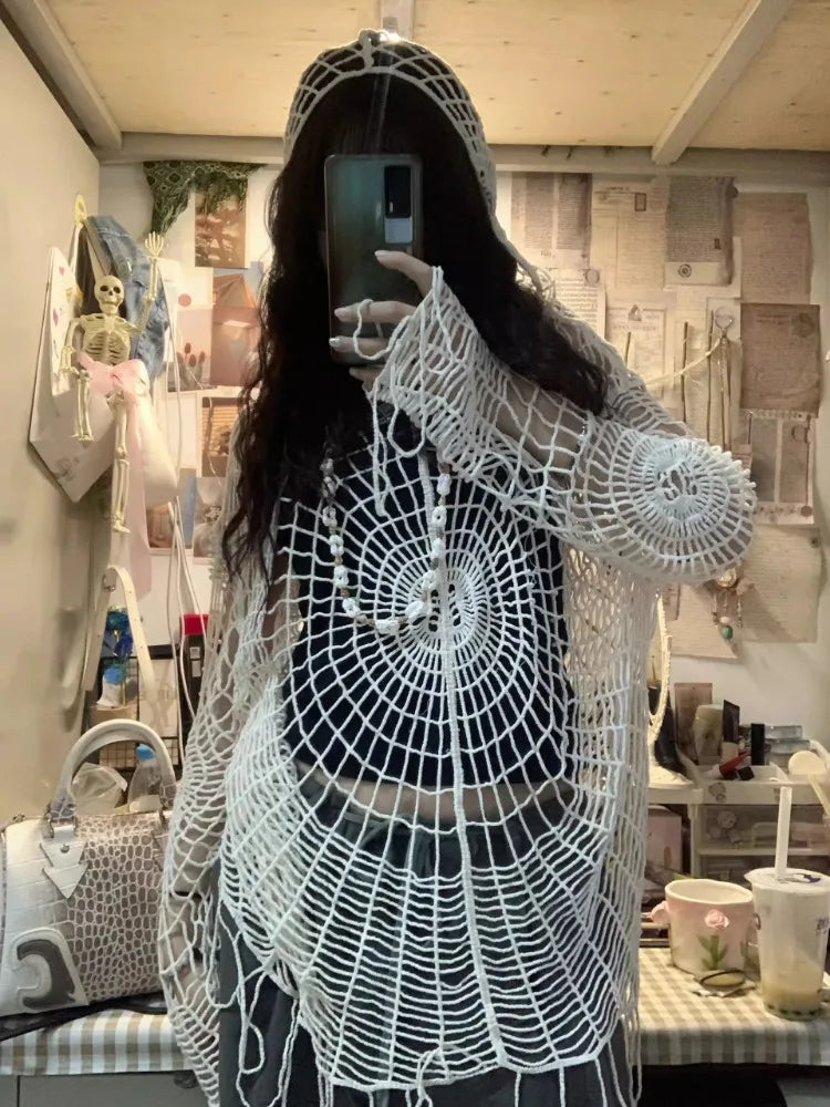 Pydshop American Street Spider Web Hollowed Out Hole Tops 2024 New Hooded Knit Sweater Women Y2k Long Sleeve Loose Sweatshirts