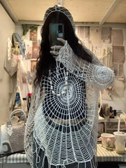 Pydshop American Street Spider Web Hollowed Out Hole Tops 2024 New Hooded Knit Sweater Women Y2k Long Sleeve Loose Sweatshirts