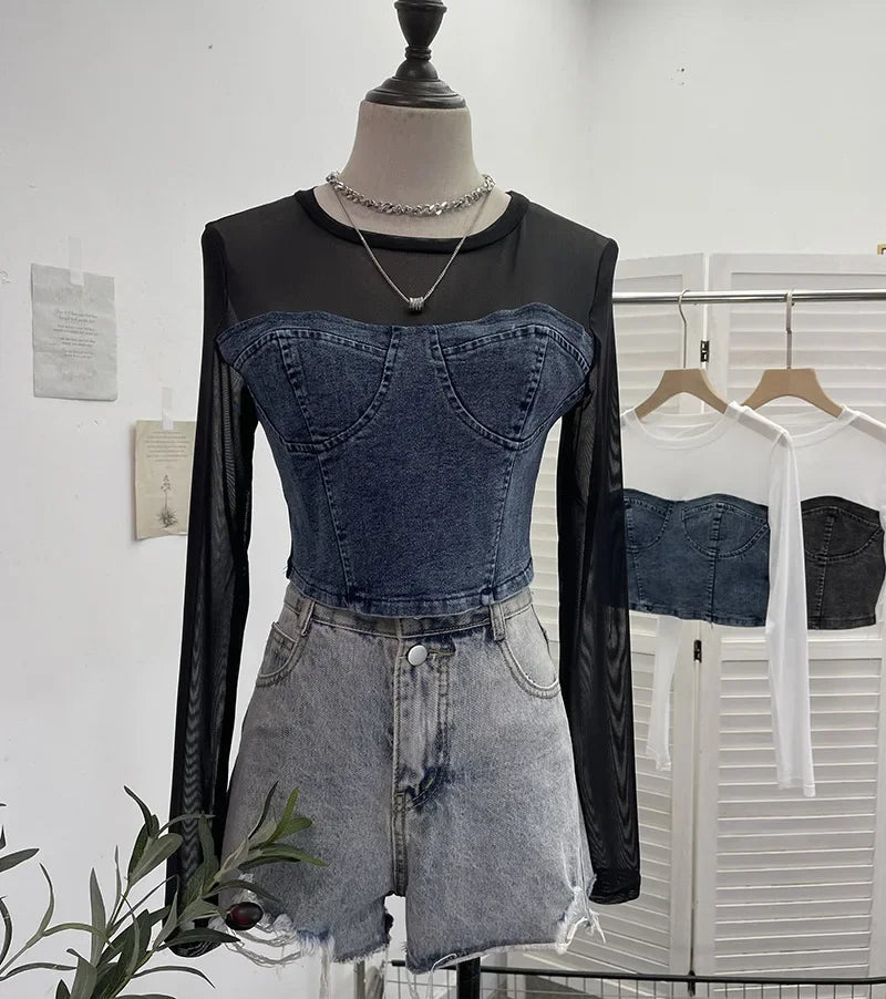 Pydshop Women Street Fake Two Piece Denim Splicing Mesh Long Sleeve Slim Fit Crop Top Y2K Top Casual Holiday PartyClub Streetwear 2623