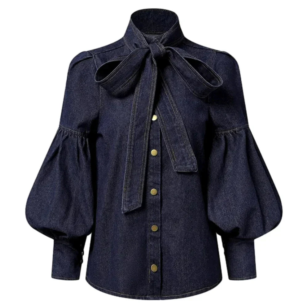 Pydshop Denim Puff Sleeve High Neck Top