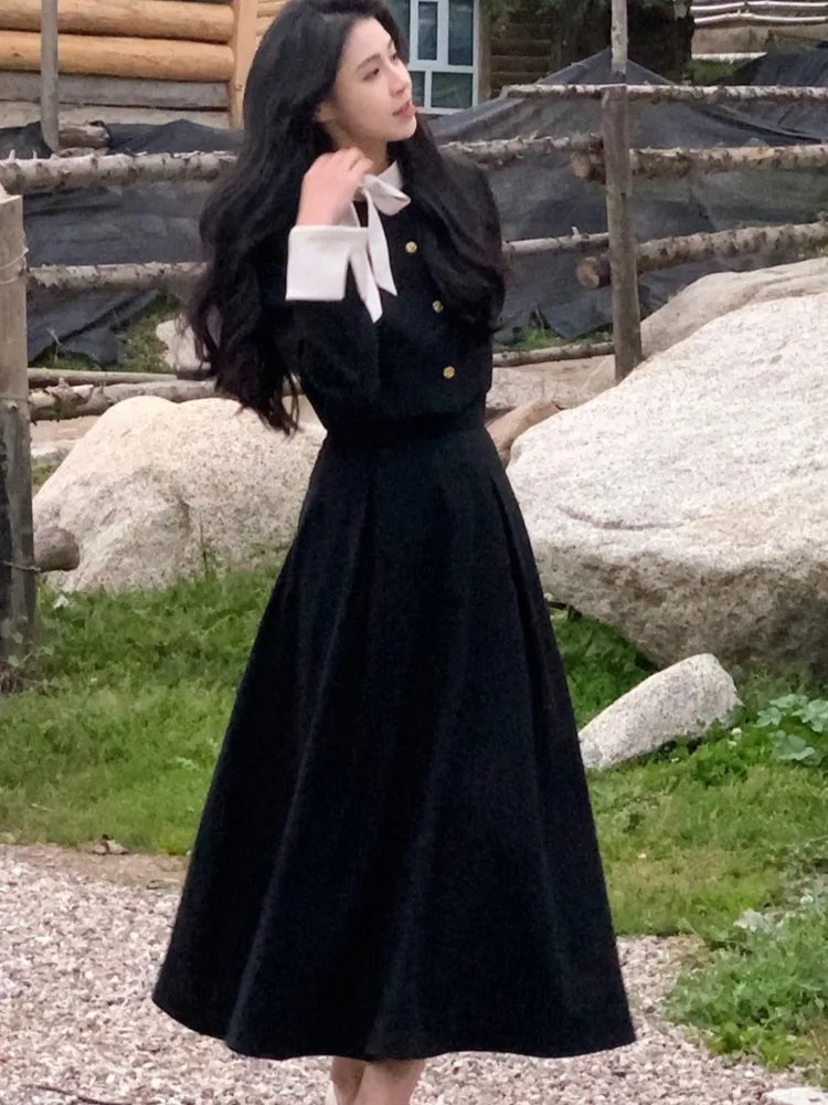 Pydshop Koreanischen Stil Zwei Stück Set Frauen Frühling Herbst Trend Langarm Schnürung Einreiher top + A-linie Midi Rock Mode Weibliche