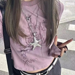 Pydshop Harajuku Graphic T Shirts Women Grunge Kpop Print Long Sleeve Tees Y2K Aesthetic Retro Casual Crop Tops 2000s Fairycore