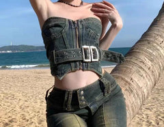 Pydshop Spring Outfit Korean style Fashion Sweet Sexy Retro Version Denim Strapless Tank Top for Summer Women Vests Skinny Crops Top