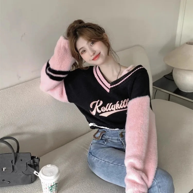 Pydshop Korean Sweet V-neck Off Shoulder Pullovers 2024 Autumn New Embroidery Lazy Tops Women Y2k E-Girl Long Sleeve Sweaters Mujer