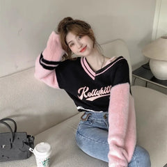 Pydshop Korean Sweet V-neck Off Shoulder Pullovers 2024 Autumn New Embroidery Lazy Tops Women Y2k E-Girl Long Sleeve Sweaters Mujer