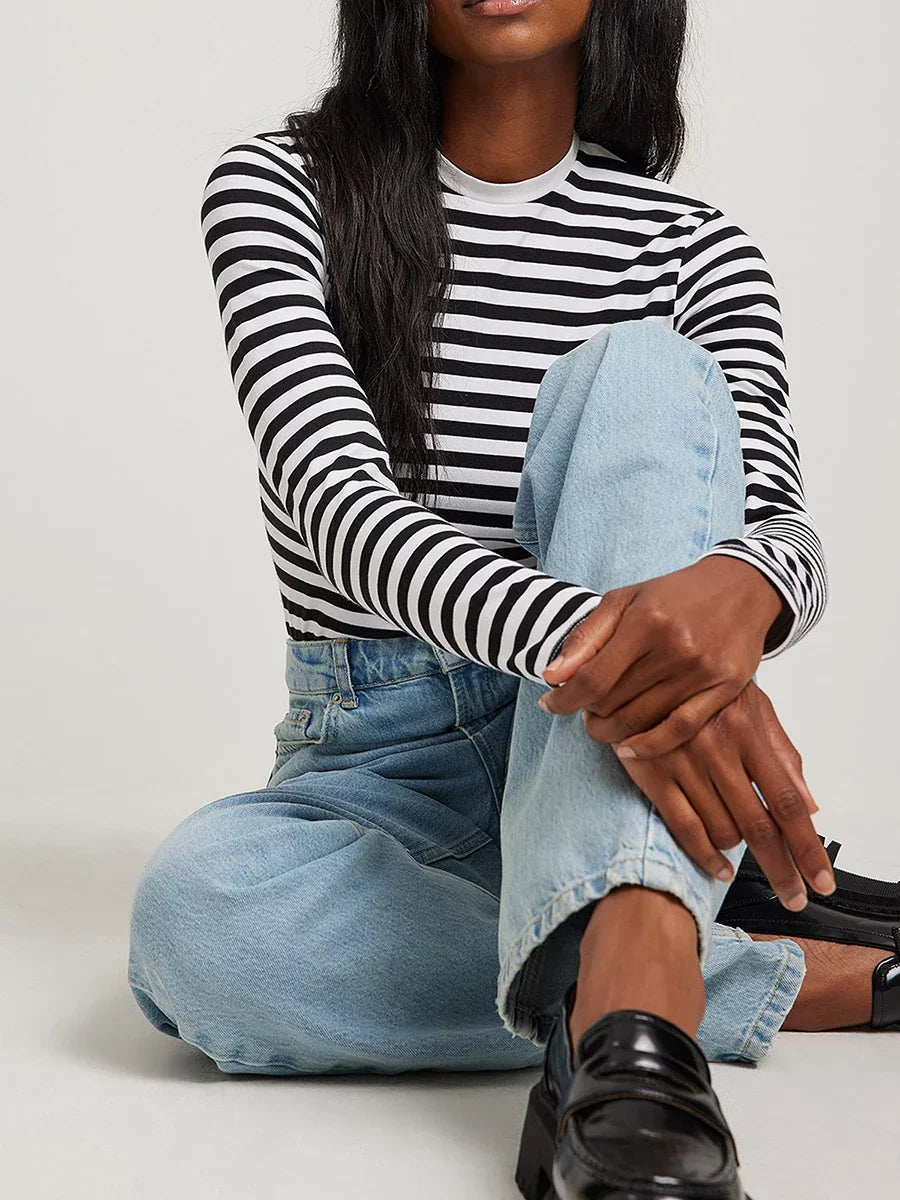 Pydshop Autumn Women Striped Long Sleeve Crop Top Casual Basic Tee Slim Fitted Crew Neck Pullover Tight Shirts Streetwear