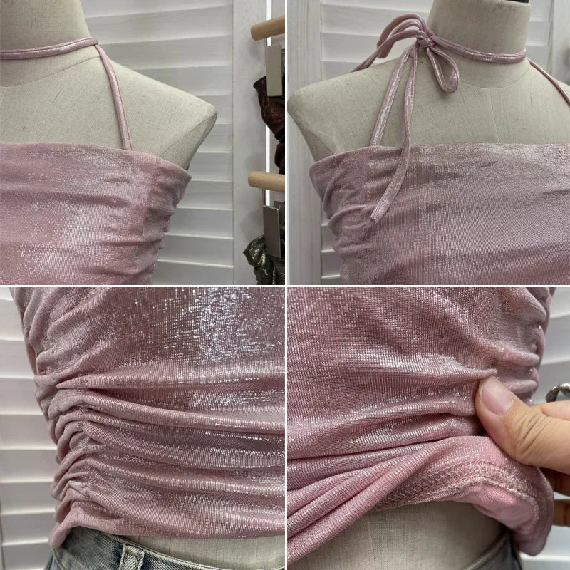 Pydshop Women's Sexy Pleated Halter Neck Gilt Sleeveless Short Camisole Y2K Tube Top Casual PartyClub Streetwear Essential Outfits 1368