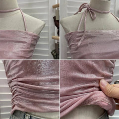 Pydshop Women's Sexy Pleated Halter Neck Gilt Sleeveless Short Camisole Y2K Tube Top Casual PartyClub Streetwear Essential Outfits 1368