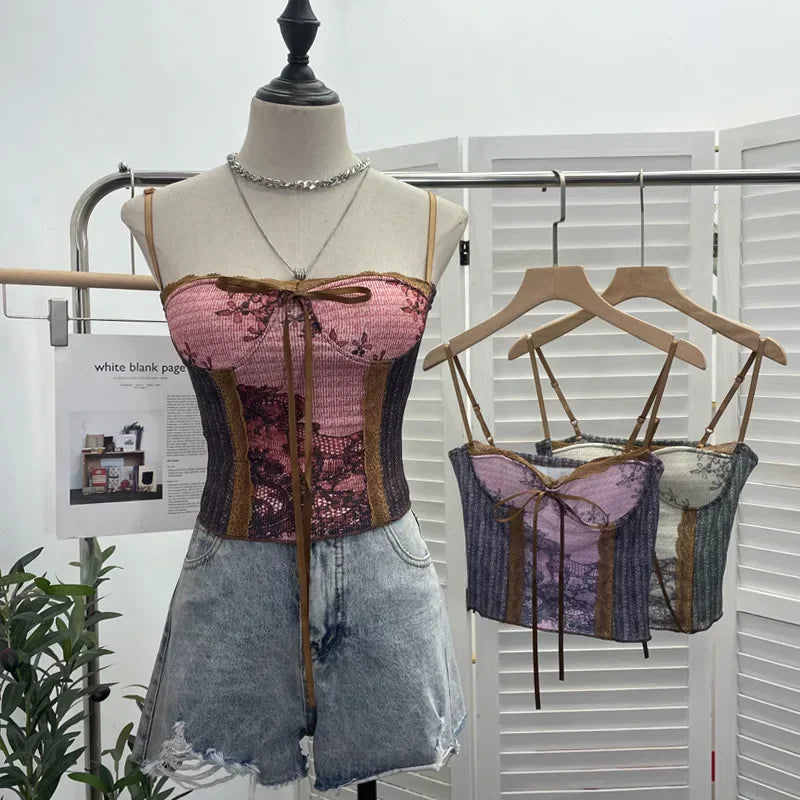 Pydshop Women Retro Ink Painting Adjustable Spaghetti Straps Camisole Bandeau Top With Padded Breasts Slim Fit Tube Top Party Streetwear