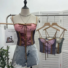 Pydshop Women Retro Ink Painting Adjustable Spaghetti Straps Camisole Bandeau Top With Padded Breasts Slim Fit Tube Top Party Streetwear