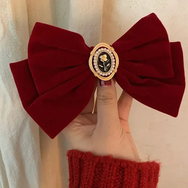 Pydshop Black Velvet Rose Bow Hair Clip Retro French Top Clip Small Fragrance Grab Hair Accessory