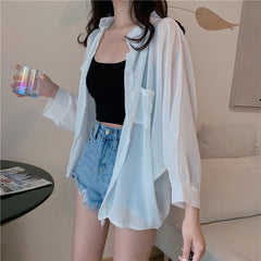 Pydshop Back to college Shirts Women Sun Protection Loose All-Match Summer Korean Style Casual Solid Tops Fashion Simple Chic Outerwear Thin Baggy Soft