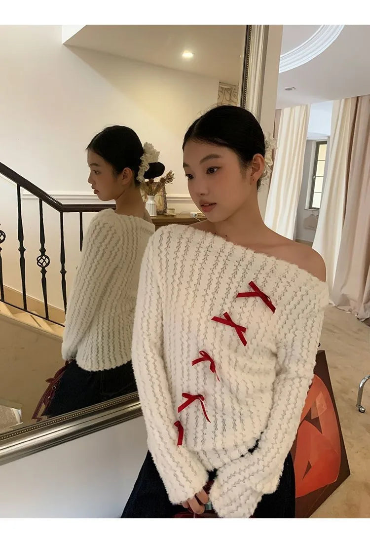 Pydshop Skew Collar Off Shoulder Knitted Tops Women 2024 Spring Autumn New Bottoming Pullovers Y2k Long Sleeve Slim Fit Sweaters