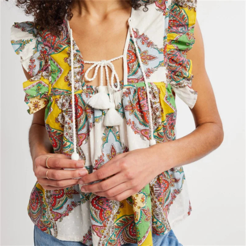 Pydshop Women Boho Tie Front Peplum Top Stripe Floral Print Flowy Fringe Sleeve Ruffle Crop Top Babydoll Blouse Tee Shirt Party Clubwear