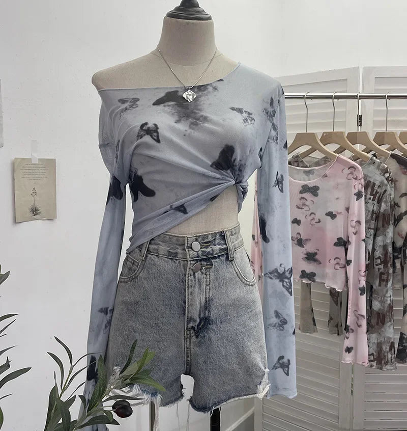 Pydshop Women's Vintage Tie Dye Print Long Sleeve T-Shirt Hot Girl Sexy See Through Mesh Bottoming Short Crop Top 2612 Party Essential