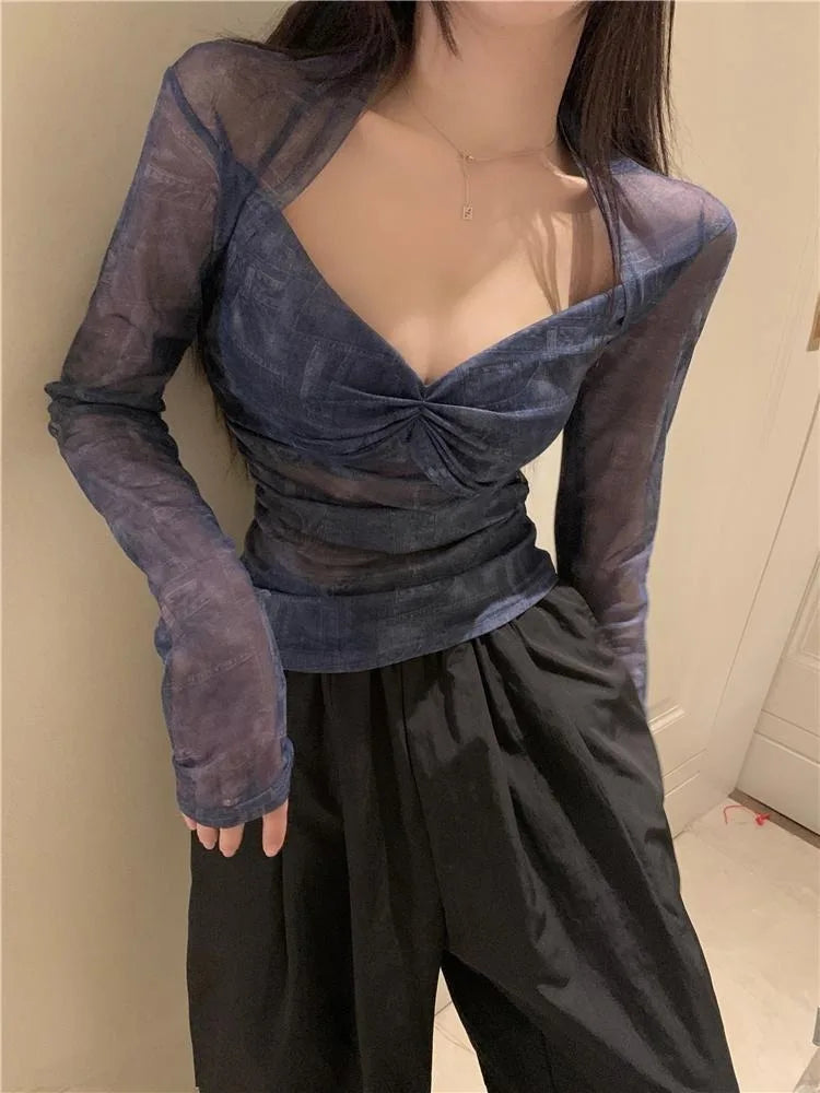 Pydshop Vintage V-neck Ruched Thin Mesh Tee Shirt Summer New Slim Fit Tops Women Y2k Grunge Long Sleeve Sun Protection T-shirts