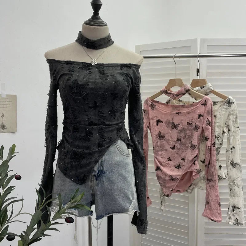 Pydshop Women's Retro Pink Butterfly Halter Distressed Distressed Long Sleeve T-Shirt Hot Girl Skew Collar One-Line Collar Slim Fit Top