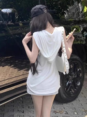 Pydshop American White Sleeveless Hooded T-shirt for Women 2024 Sumemr New  Tops Mujer Y2k Grunge Slim Fit  Tee Shirt