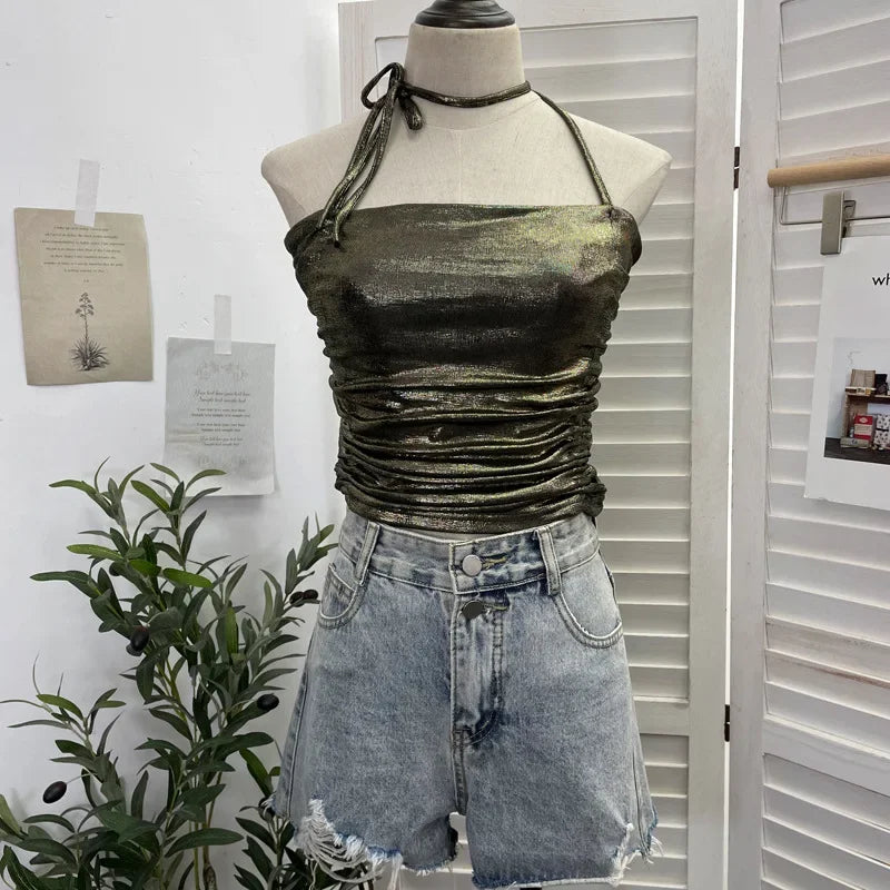 Pydshop Women's Sexy Pleated Halter Neck Gilt Sleeveless Short Camisole Y2K Tube Top Casual PartyClub Streetwear Essential Outfits 1368