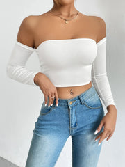 Pydshop Off Shoulder Crop T-Shirt, Casual Long Sleeve Top For Spring & Fall, Women's Clothing