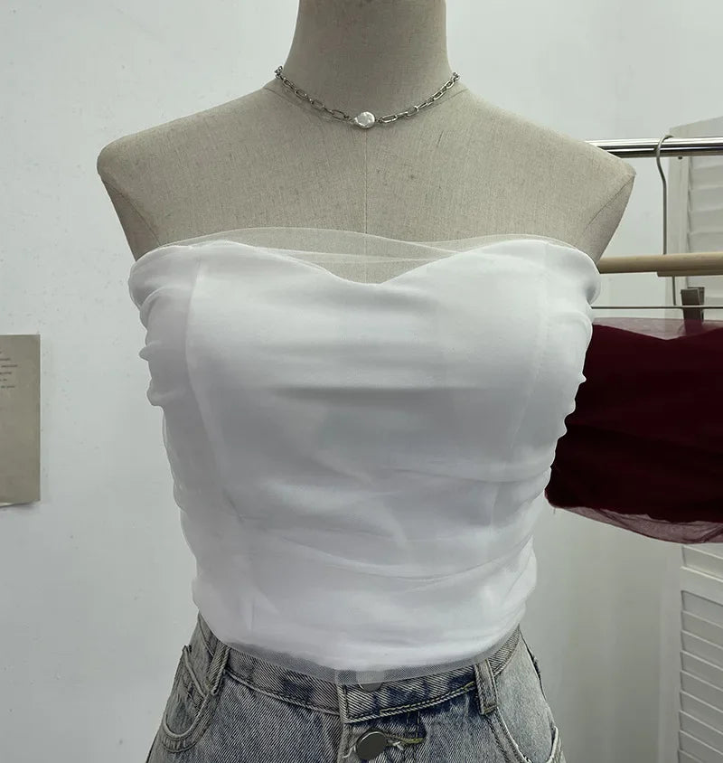 Pydshop Ladies Sexy Thai Hot Girl Mesh Splicing Chest Wrap Sleeveless Top Short Navel Baring Slim Tube Top With Breast Pads 8865 Outfits