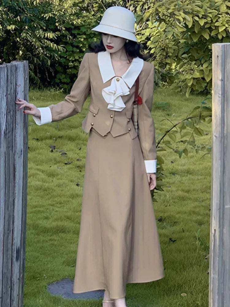 Pydshop French Women Autumn 2 Pieces Set Elegant Long Sleeve Blazer Bow Top Casual A-line Midi Skirt 2023 Spring Solid Lady Clothes
