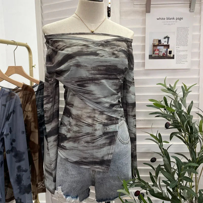 Pydshop Women's Sexy Irregular Cross V-Neck Long Sleeve Top Sexy Tie Dye Print Pleated Mesh Off Shoulder Top Casual Party Streetwear