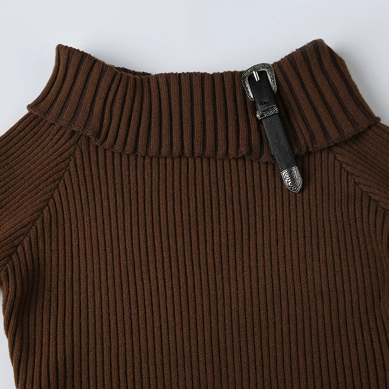 Pydshop 2024 Fashion Woman tops y2k style Vintage Brown Stripe Buckle Off Shoulder Sweater