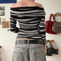 Pydshop 2024 Fashion Woman tops y2k style Vintage Stripe Off Shoulder Pullover Sweater