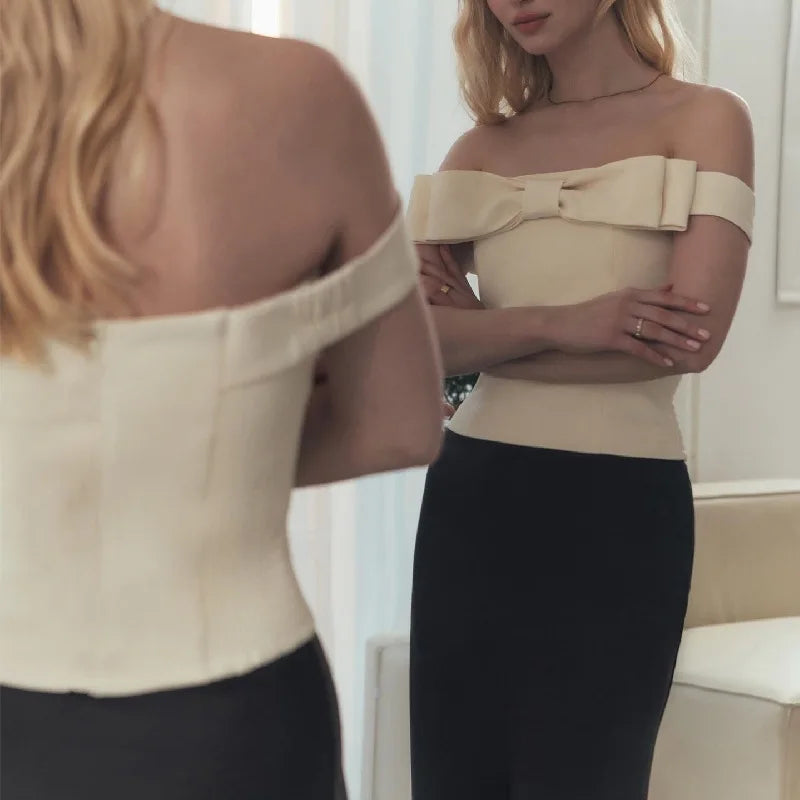 Pydshop Apricot Open-Shoulder Bow Lace Up Top