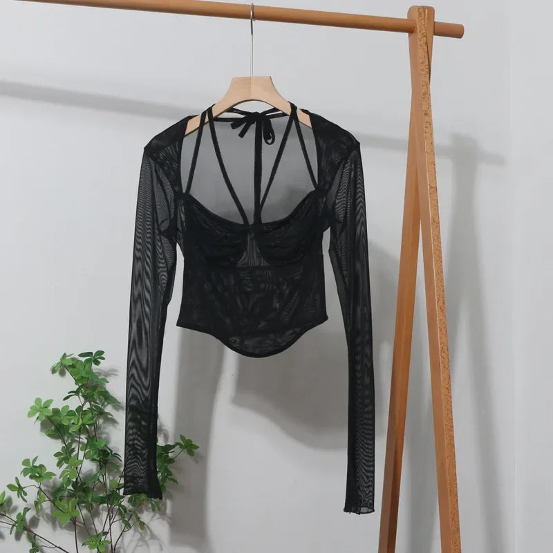 Pydshop Women Square Neck Tie Halter Mesh See Through Long Sleeve T-shirt Sexy Lce Up Slim Fit Short Slit Cuff Top PartyClub Streetwear