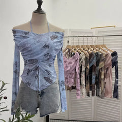 Pydshop Wome Sexy See Through One Shoulder Lace Up Halterneck Long Sleeve Top Slim Fit Cross Pleat Slit Short Top Y2k Club Streetwear